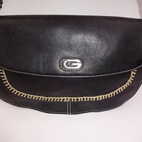 Black Guess Shoulder Purse Bag Handbag Brown Stitch Accents - Picture 2 of 9
